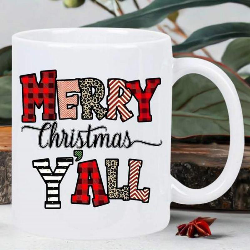 Tailorly White Ceramic 11 oz Mug - Merry Christmas Yall Patterned Festive Letters With Buffalo Plaid And Leopard Print Mug