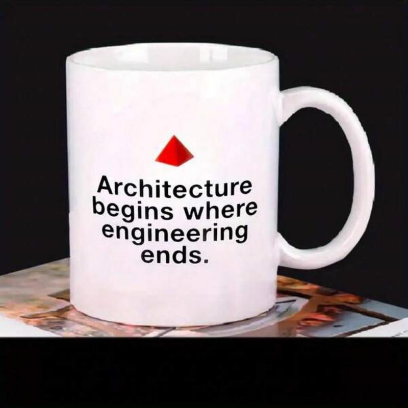 Tailorly White Ceramic 11 oz Mug - Architecture Begins Where Engineering Ends Minimalist Design Featuring A Small Sharp Red Geometric Modern Abstract Pyramid