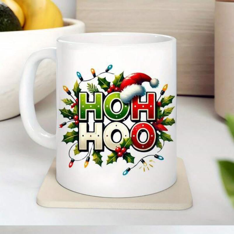 Tailorly White Ceramic 11 oz Mug - Ho Ho Ho Festive Holly Leaves With Colorful Twinkling Lights And Red Santa Hat