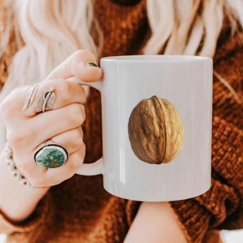 Tailorly White Ceramic 11 oz Mug - Natural Brown Textured Whole Shell Representing Organic Healthy Nutrition Simple Walnut