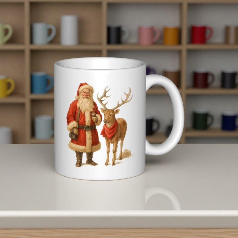 Tailorly White Ceramic 11 oz Mug - Traditional Santa Standing Near A Festive Brown Majestic Horned Forest Reindeer