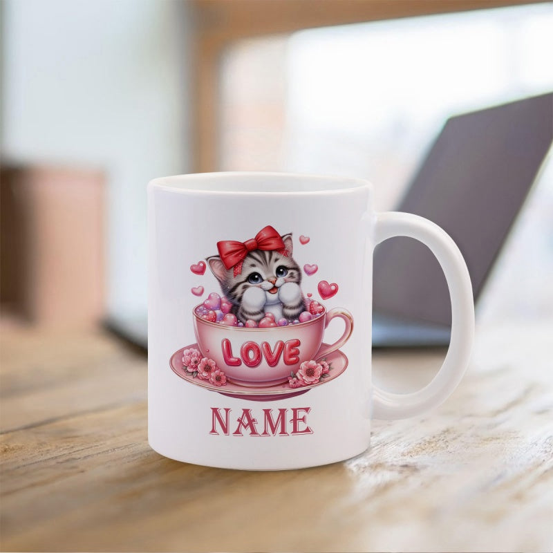 Tailorly White Ceramic 11 oz Mug - Love Name Adorable Tabby Kitten Wearing Red Bow Inside Heart Filled Teacup Kitten