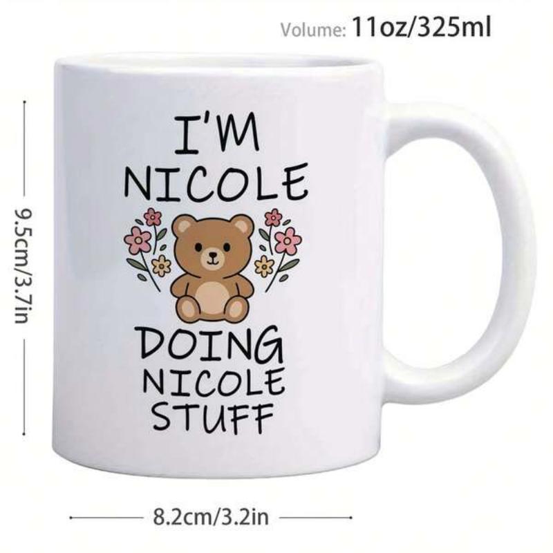 Tailorly White Ceramic 11 oz Mug - Im Nicole Doing Nicole Stuff Adorable Brown Cartoon Teddy Sitting Amidst Delicate Pink Floral Blossoms Bear