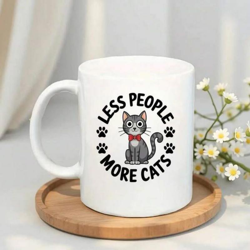 Tailorly White Ceramic 11 oz Mug - Less People More Cats Adorable Cartoon Grey Kitten Wearing Red Bowtie And Small Paws Cat