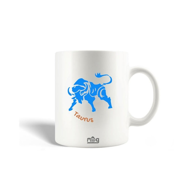 Tailorly White Ceramic 11 oz Mug - Taurus Artistic Blue Bull Silhouette Featuring Intricate Tribal Patterns On White Ceramic Bull