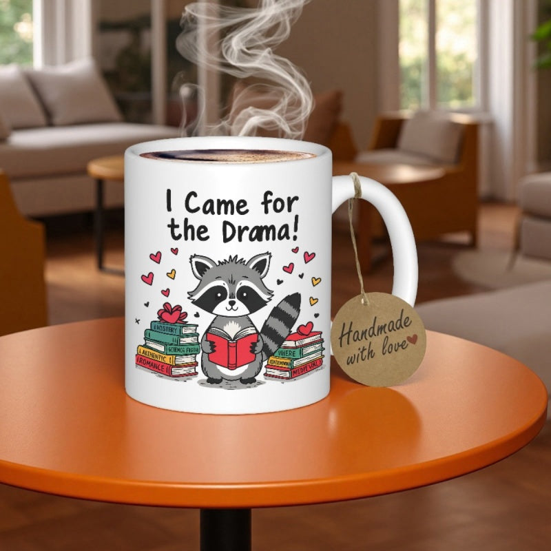 Tailorly White Ceramic 11 oz Mug - I Came For The Drama Adorable Little Animal Reading Book Among Stacks Of Colorful Hearts Raccoon