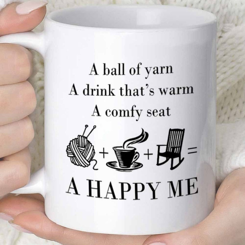 Tailorly White Ceramic 11 oz Mug - A Ball Of Yarn A Drink Thats Warm A Comfy Seat A Happy Me Cozy Handmade Woolen Ball With Steaming Hot Coffee And Rocking Chair