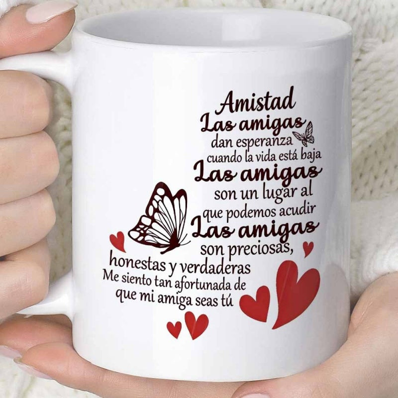 Tailorly White Ceramic 11 oz Mug - Graceful Flying Butterfly Among Multiple Red Hearts And Script Text Butterfly