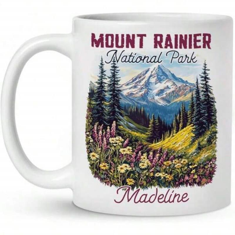 Tailorly White Ceramic 11 oz Mug - Mount Rainier National Park Madeline Majestic Snow Capped Peak Surrounded By Evergreen Trees And Wildflowers Mountain
