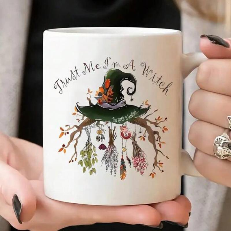 Tailorly White Ceramic 11 oz Mug - Trust Me Im A Witch Antique Branch With Hanging Dried Lavender And Flowers Under Pointed Hat