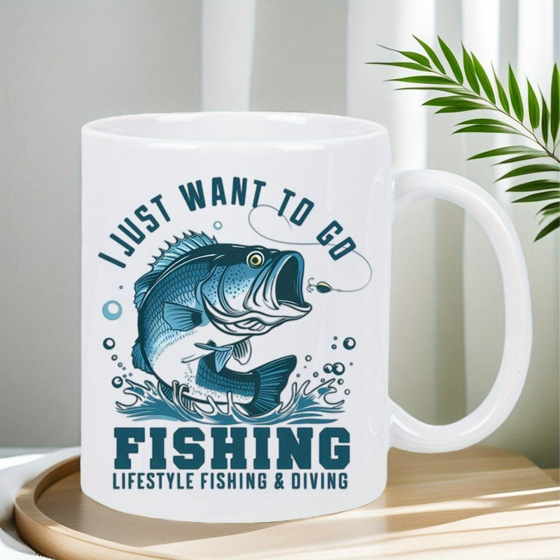 Tailorly White Ceramic 11 oz Mug - I Just Want To Go Fishing Lifestyle Fishing Diving Detailed Illustration Featuring A Jumping Large Mouth Bass Among Splashing