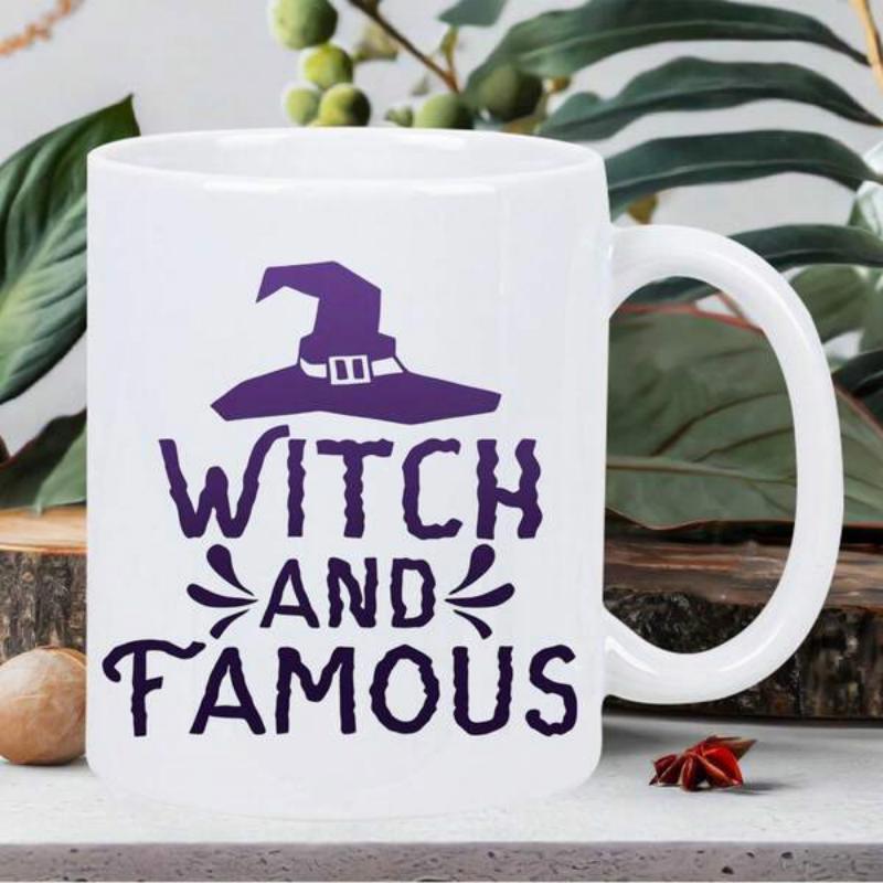 Tailorly White Ceramic 11 oz Mug - Witch And Famous Purple Pointed Sorcerer Hat Floating Above Stylized Spooky Halloween Typography Hat