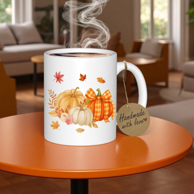 Tailorly White Ceramic 11 oz Mug - Handmade With Love Festive Harvest Scene Featuring Plump Pumpkins And Colorful Fall Foliage Pumpkin