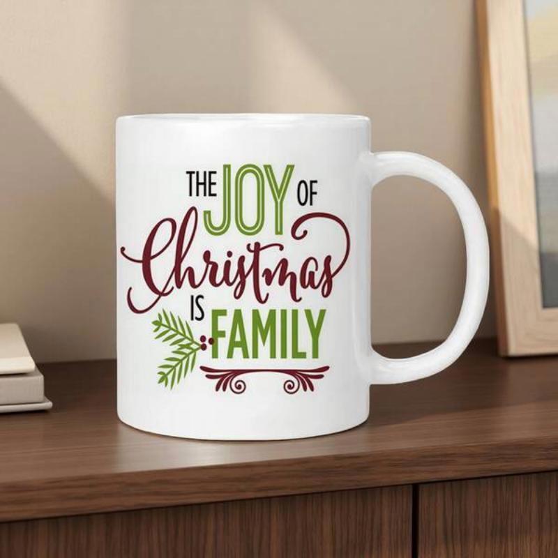 Tailorly White Ceramic 11 oz Mug - The Joy Of Christmas Is Family Festive Evergreen Branch With Elegant Script Lettering And Decorative Red Scrollwork Mug