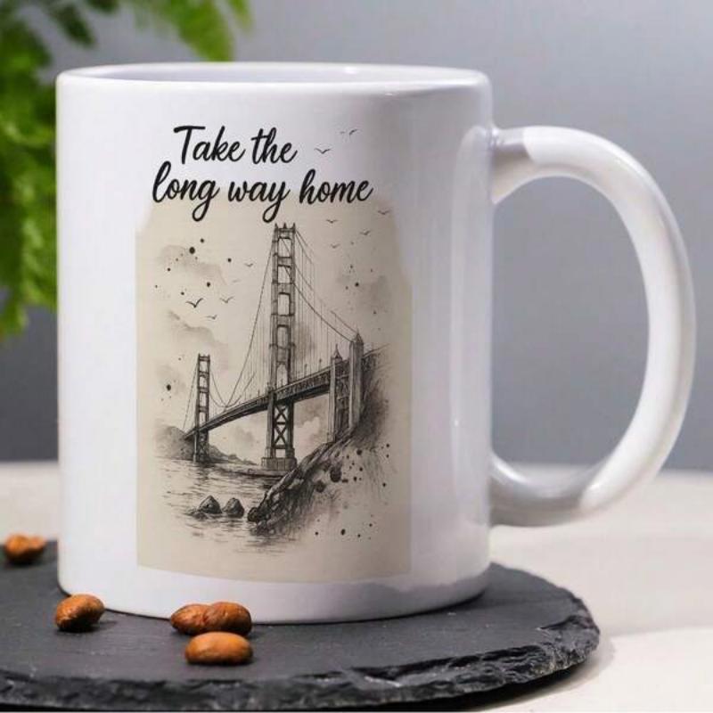 Tailorly White Ceramic 11 oz Mug - Take The Long Way Home Hand Drawn Sketch Of Iconic Landmark Standing Tall Under Cloudy Sky Bridge