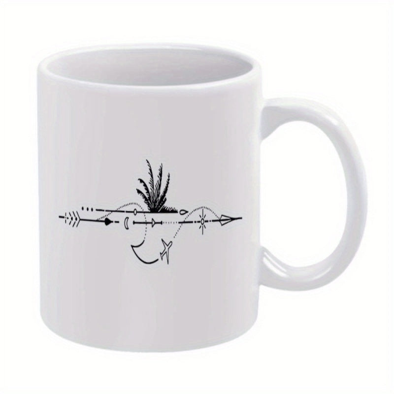 Tailorly White Ceramic 11 oz Mug - Minimalist Black Tribal Aesthetic With A Small Desert Plant And Geometric Arrow