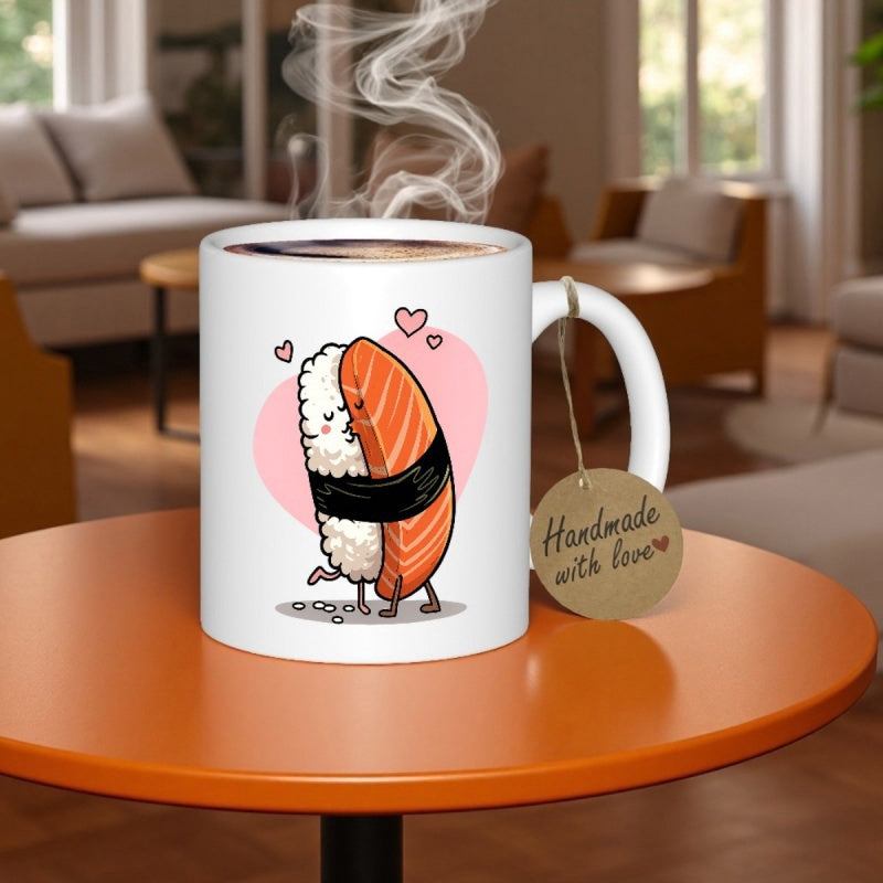 Tailorly White Ceramic 11 oz Mug - Handmade With Love Adorable Kawaii Style Rice And Salmon Characters Hugging In Pink Heart Sushi