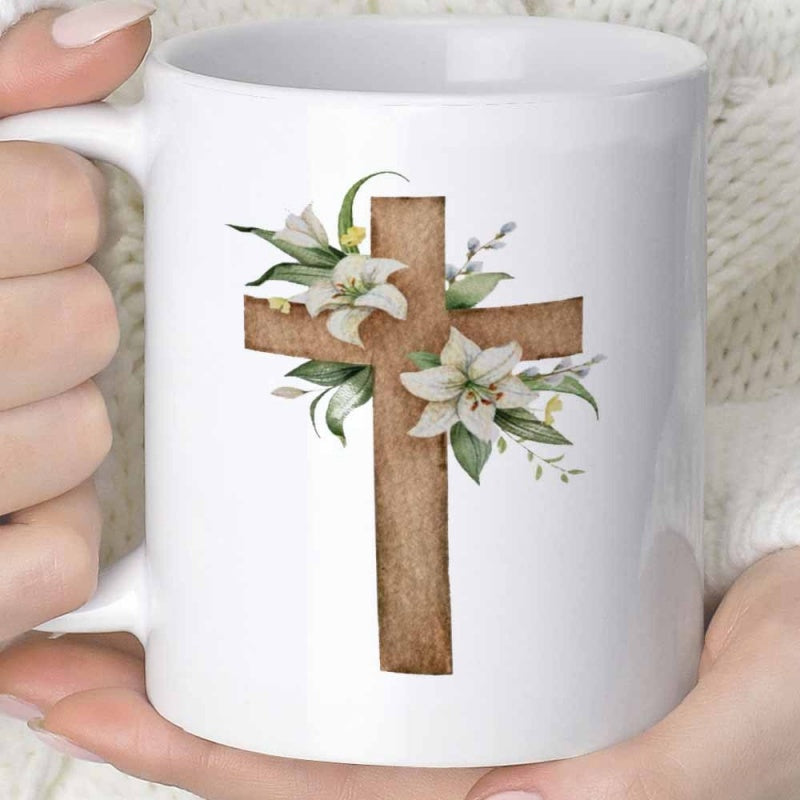 Tailorly White Ceramic 11 oz Mug - Rustic Brown Wooden Texture Adorned With Elegant White Lilies And Green Leaves Cross
