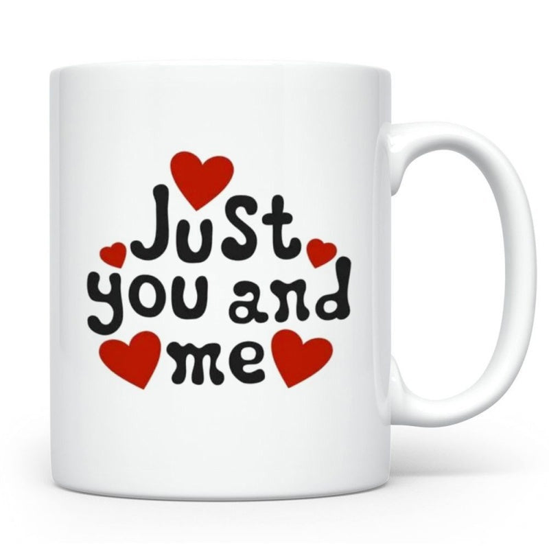 Tailorly White Ceramic 11 oz Mug - Just You And Me Playful Rounded Lettering Surrounded By Vibrant Red Floating Minimalist Heart