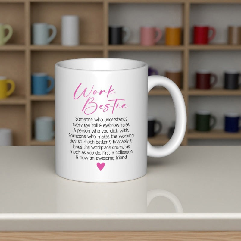 Tailorly White Ceramic 11 oz Mug - Work Bestie Minimalist Modern Script Typography With A Small Pink Heart Heart
