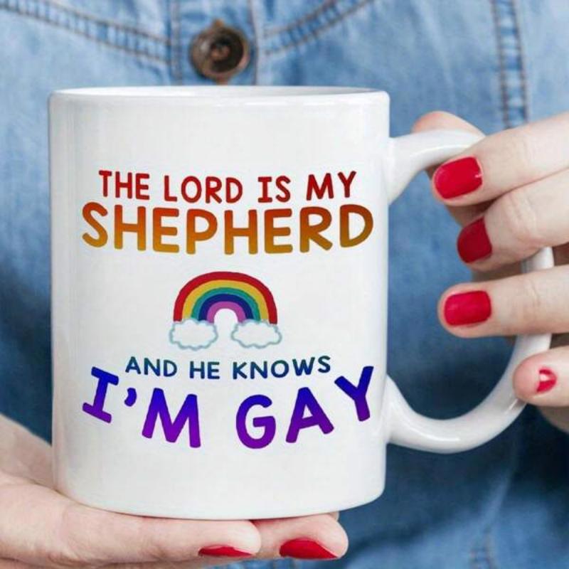Tailorly White Ceramic 11 oz Mug - The Lord Is My Shepherd And He Knows Im Gay Colorful Arc Above Soft White Clouds Resting On Horizon Rainbow