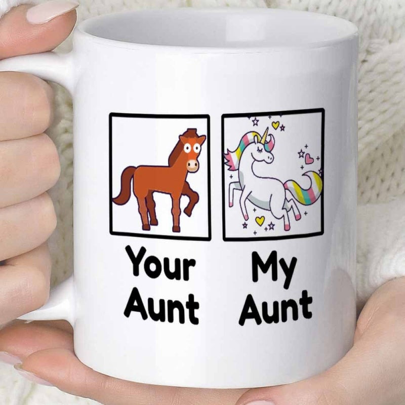Tailorly White Ceramic 11 oz Mug - Your Aunt My Aunt Cute Brown Horse And Magical Rainbow Celestial Starry Pattern Unicorn