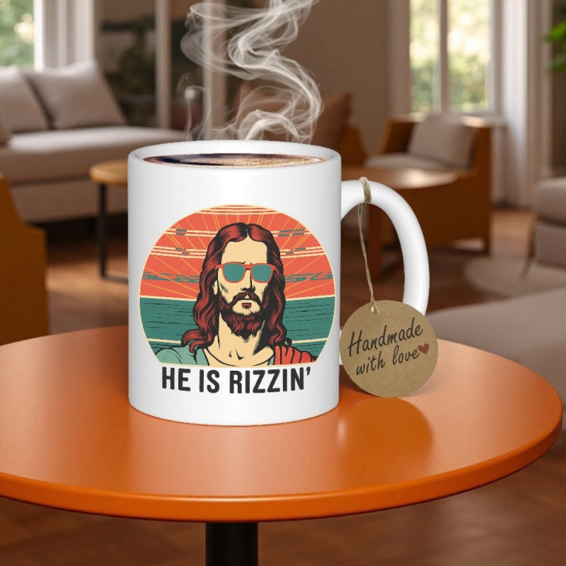 Tailorly White Ceramic 11 oz Mug - He Is Rizzin Vintage Retro Sunset With Man Wearing Sunglasses And Long Hair Jesus