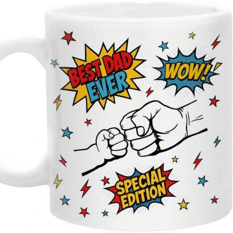 Tailorly White Ceramic 11 oz Mug - Best Dad Ever Wow Special Edition Comic Book Burst With Stars And Lightning Bolts Around A Fist