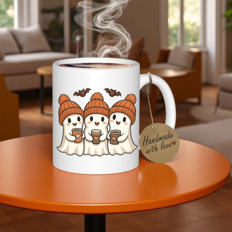 Tailorly White Ceramic 11 oz Mug - Handmade With Love Three Cozy Ghosts Wearing Orange Beanies Holding Hot Coffee Cups Ghost