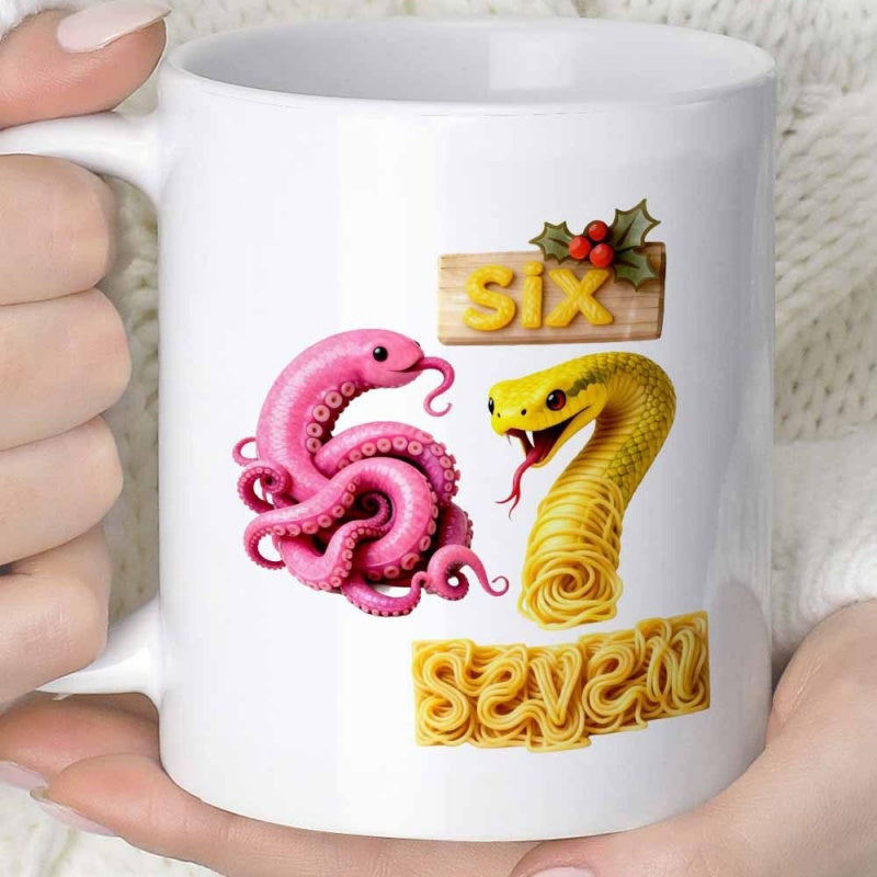 Tailorly White Ceramic 11 oz Mug - Six Seven Playful Pink Octopus Beside A Coiled Yellow Noodle Art Snake