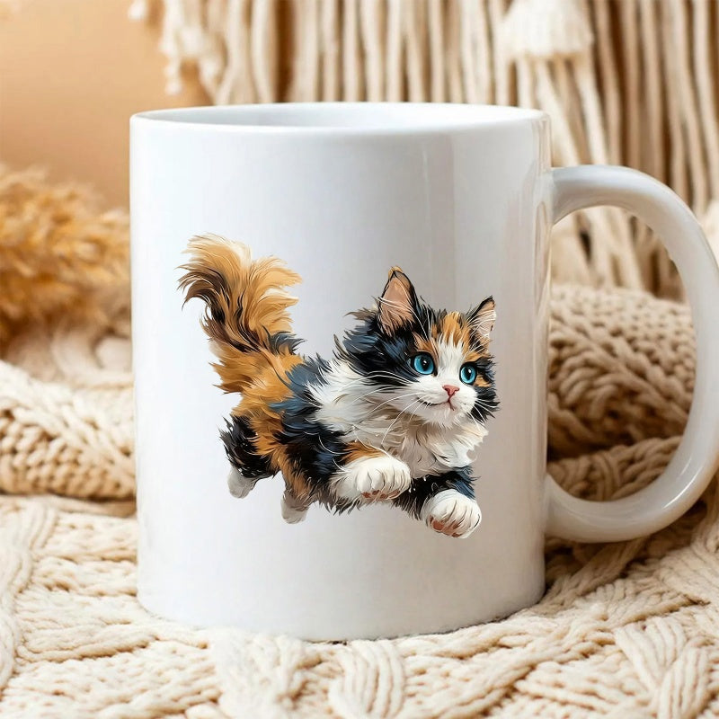 Tailorly White Ceramic 11 oz Mug - Adorable Fluffy Calico Jumping Through The Air With Bright Blue Eyes Kitten