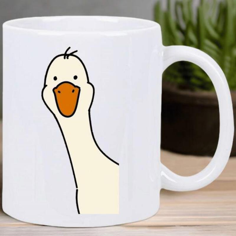 Tailorly White Ceramic 11 oz Mug - Minimalist Cartoon Illustration Of A Long Necked Staring Curious Farm Animal Goose
