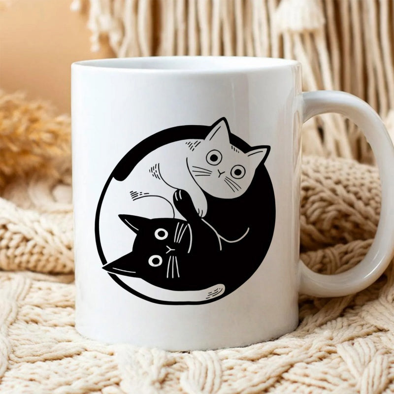 Tailorly White Ceramic 11 oz Mug - Minimalist Yin Yang Style Circular Silhouette Of Two Playing Feline Cat