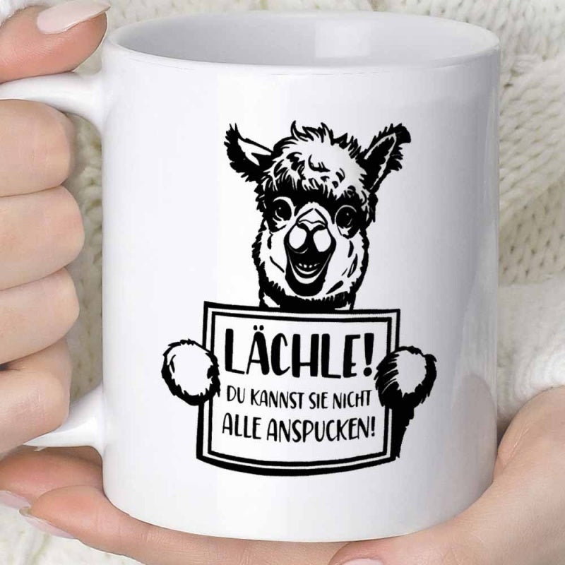 Tailorly White Ceramic 11 oz Mug - Friendly Smiling Fluffy Alpaca Holding A Rectangular Message Sign Llama