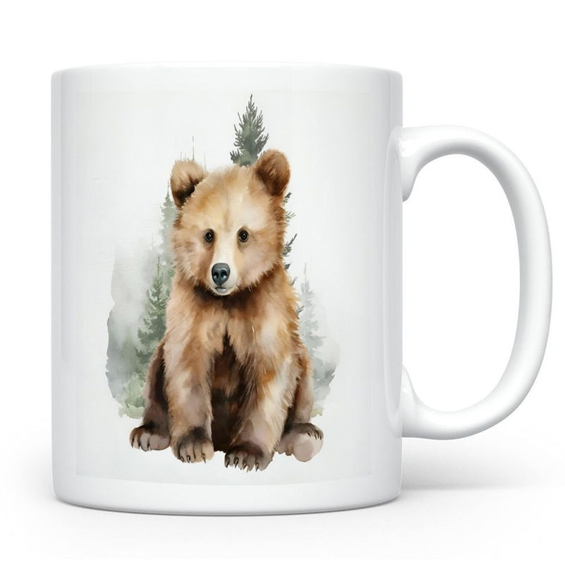 Tailorly White Ceramic 11 oz Mug - Soft Watercolor Forest Scene With A Cute Brown Cub Bear