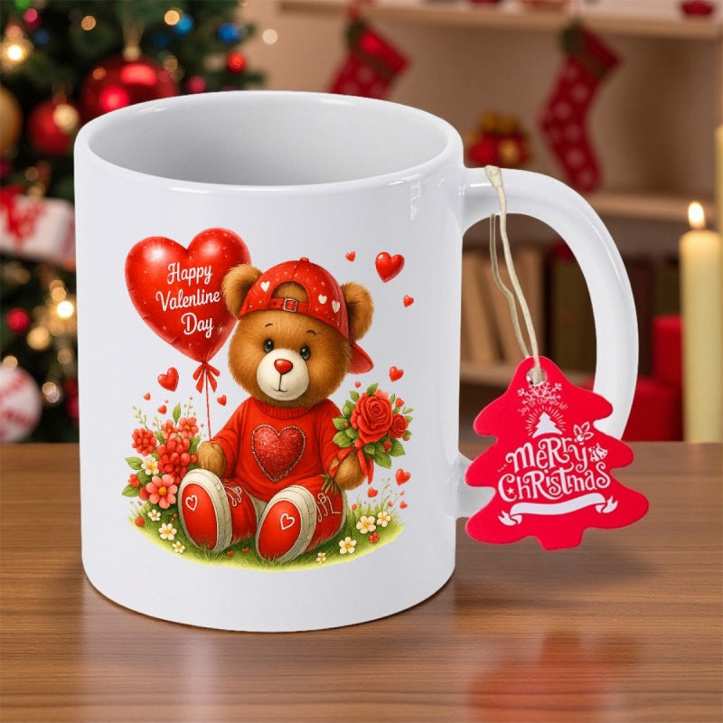 Tailorly White Ceramic 11 oz Mug - Happy Valentine Day Merry Christmas Adorable Brown Teddy Bear Wearing Red Clothes Holding Heart Balloon Among Roses Bear