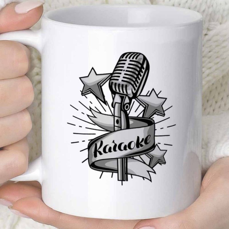 Tailorly White Ceramic 11 oz Mug - Karaoke Vintage Retro Style Ribbon Wrapped Stars And Shining Light Microphone