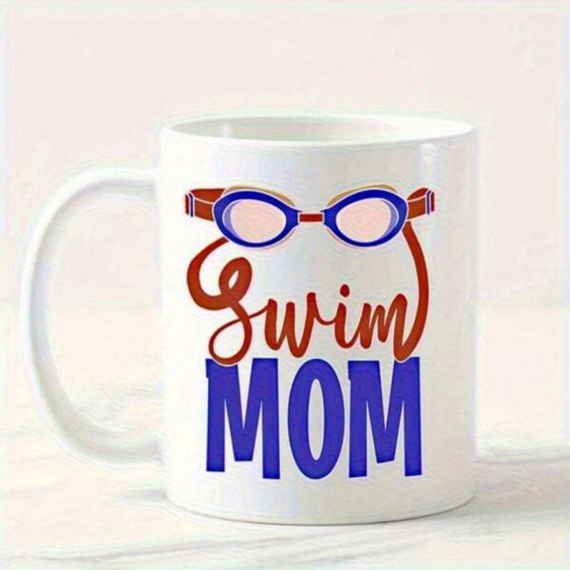 Tailorly White Ceramic 11 oz Mug - Swim Mom Sporty Blue Goggles Resting Above Bold Hand Drawn Script Lettering Goggles