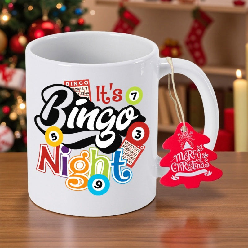 Tailorly White Ceramic 11 oz Mug - Its Bingo Night Merry Christmas Colorful Game Balls And Cards On White Surface Mug