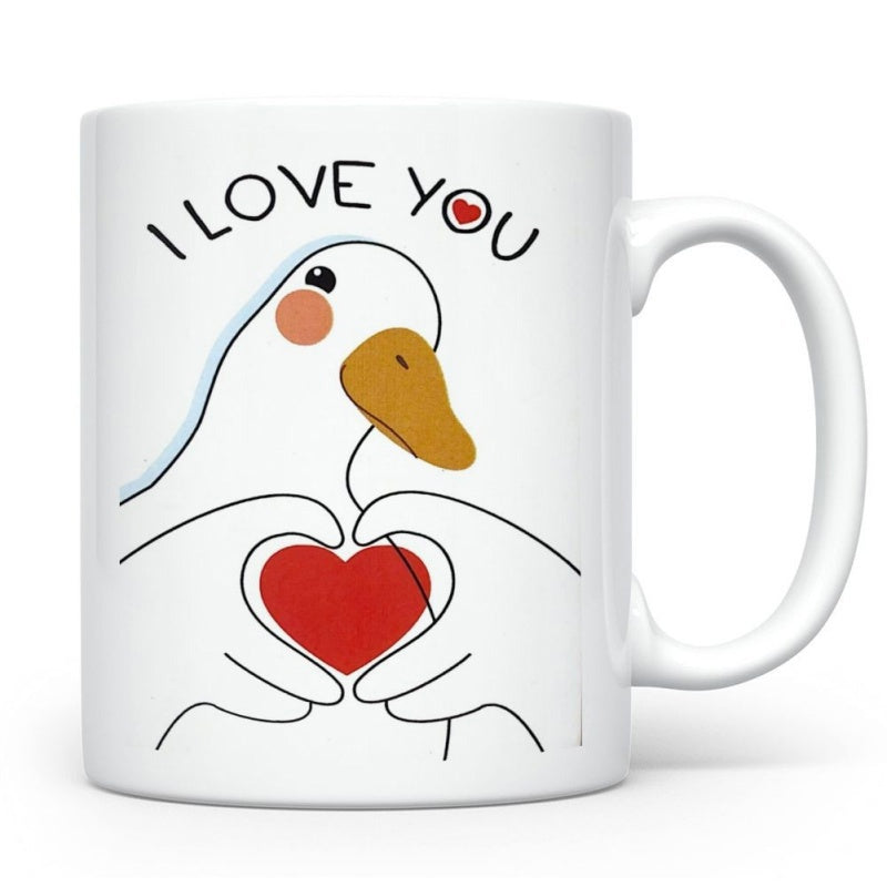 Tailorly White Ceramic 11 oz Mug - I Love You Cute White Duck Forming Heart Shape With Tiny Red Heart Duck