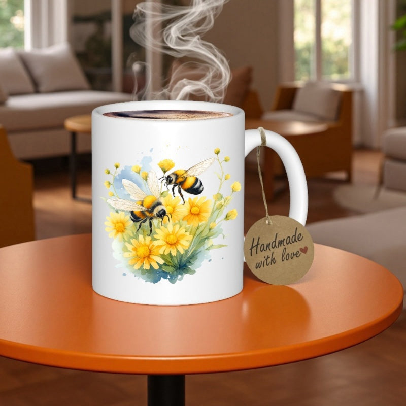 Tailorly White Ceramic 11 oz Mug - Vibrant Watercolor Garden Scene With Busy Bees Among Bright Sunny Blooming Wildflower