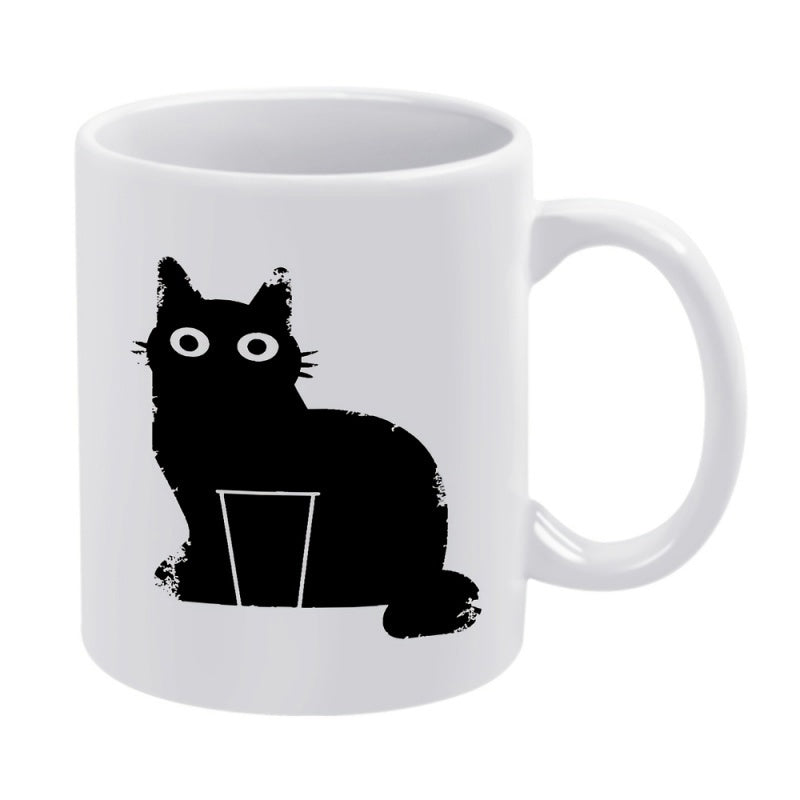 Tailorly White Ceramic 11 oz Mug - Silhouette Black Feline With Big Round Eyes Sitting In Quiet Contemplation Cat