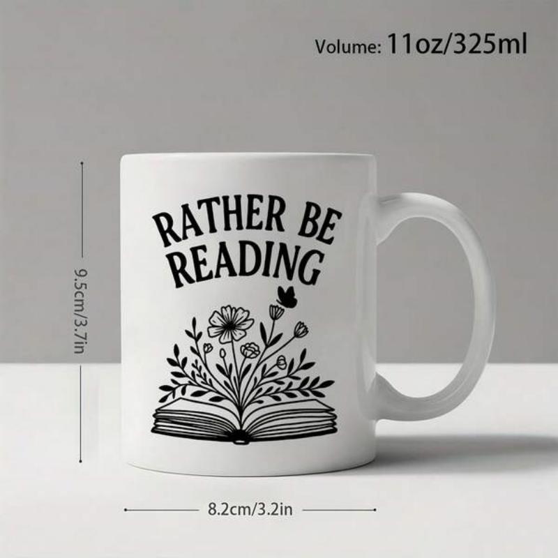 Tailorly White Ceramic 11 oz Mug - Rather Be Reading Minimalist Black Line Art Of Flowers Growing From An Open Book