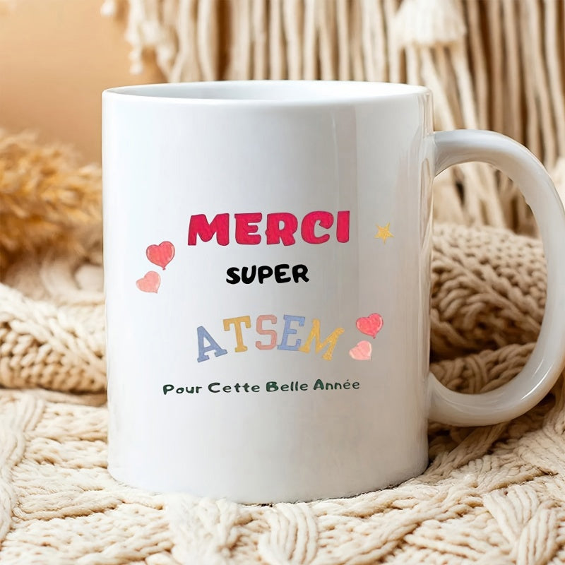 Tailorly White Ceramic 11 oz Mug - Super Minimalist White Ceramic Vessel Decorated With Colorful Small Floating Hearts Mug