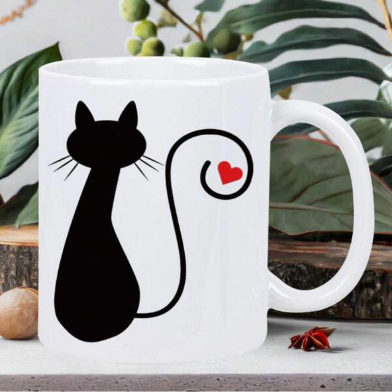 Tailorly White Ceramic 11 oz Mug - Minimalist Black Silhouette With Long Curly Tail Surrounding Red Heart Cat