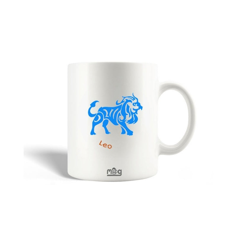 Tailorly White Ceramic 11 oz Mug - Leo Stylized Blue Tribal Pattern Standing With Proud Mane Majestic Lion