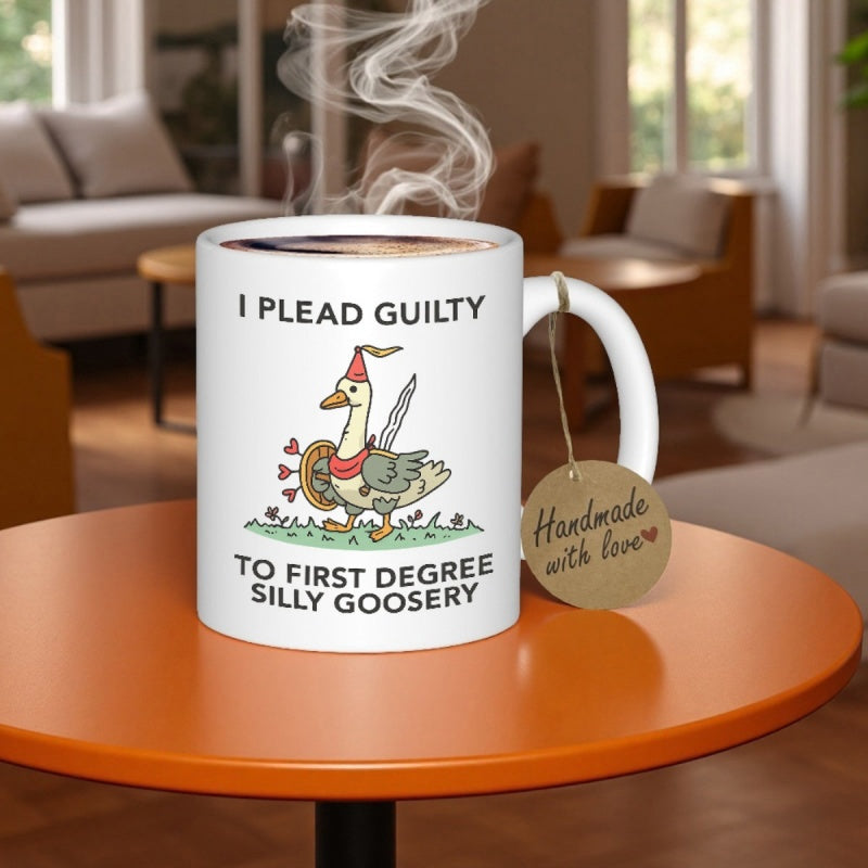 Tailorly White Ceramic 11 oz Mug - I Plead Guilty To First Degree Silly Goosery Whimsical Armored Bird Wearing Festive Hat And Carrying Small Shield Goose
