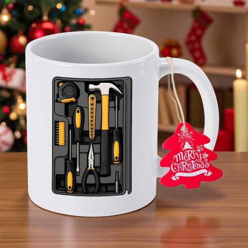 Tailorly White Ceramic 11 oz Mug - Merry Christmas Essential Hand Tools Neatly Arranged Inside A Dark Professional Toolset