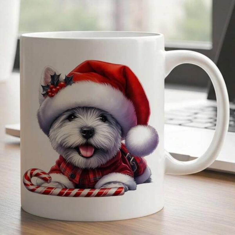 Tailorly White Ceramic 11 oz Mug - Adorable White Puppy Wearing Festive Red Santa Hat With Candy Cane Dog