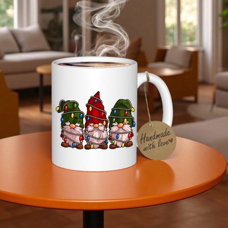Tailorly White Ceramic 11 oz Mug - Handmade With Love Three Festive Holiday Gnomes Wrapped In Colorful String Lights Gnome